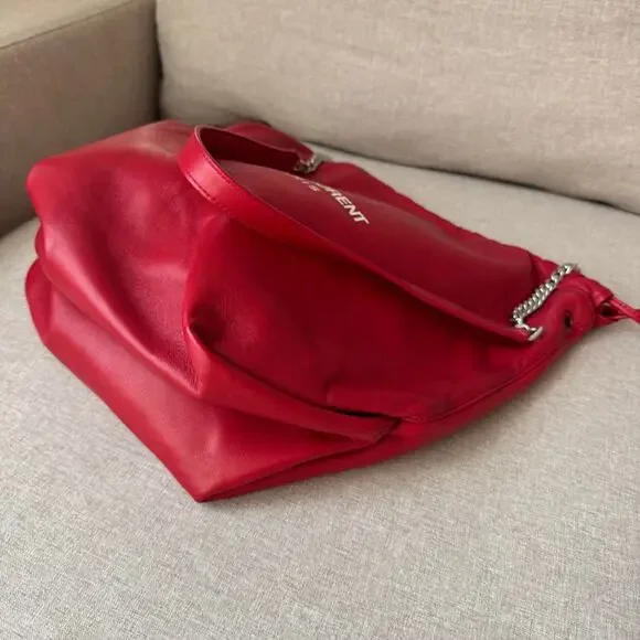 Saint Laurent Teddy Red Leather Bucket Bag NEW Silver YSL Logo Shoulder Bag